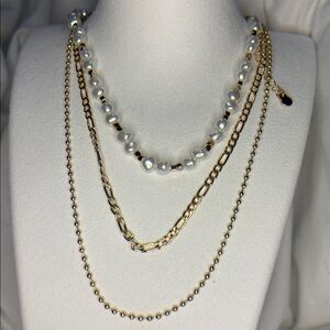 NWT Gold Ball Chain , Figaro Style And A Faux Pearl Necklace Trio